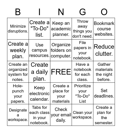 Organizational Strategies Bingo Card