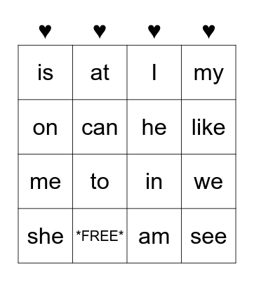 Valentines Bingo Kindergarten♥ Bingo Card