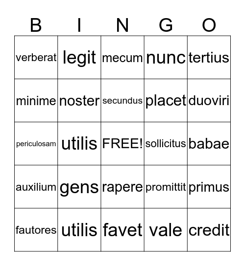 Stage 11 bingo Card