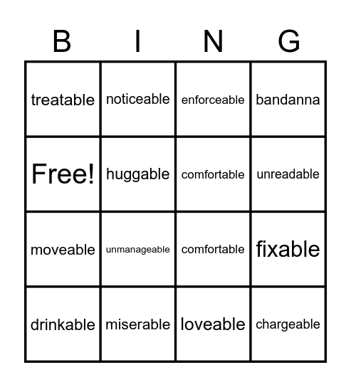 suffix -a/ -able Bingo Card