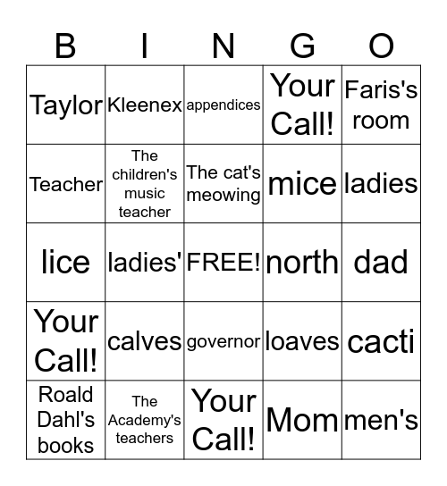 Nouns Bingo Review Bingo Card