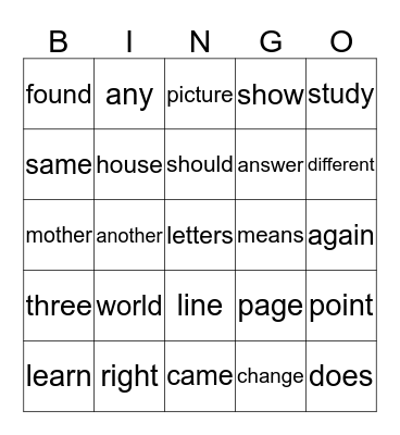 Sight Word Bingo Card