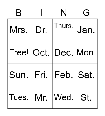 Abbreviations Bingo Card