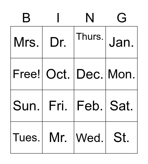 Abbreviations Bingo Card