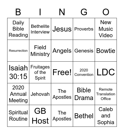 JW Broadcast Bingo Card