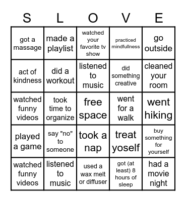 Cravens Hall Self-Love Bingo Card