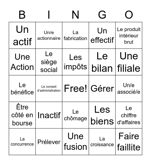 Français des affaires vocabulaire de l'économie et des entreprisess Bingo Card