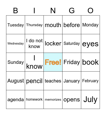 French Vocab F Bingo Card