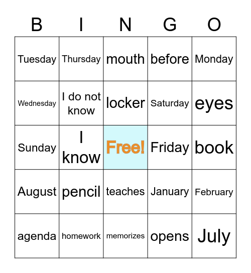 French Vocab F Bingo Card