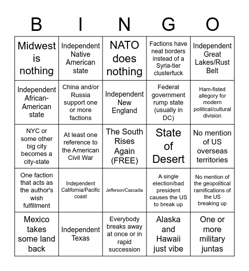Divided America Althist Bingo Card