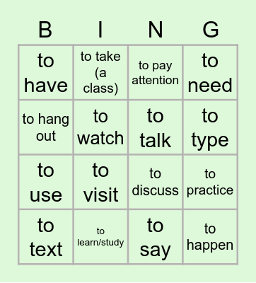 Past Tense Verbs Prep (Weak) Bingo Card