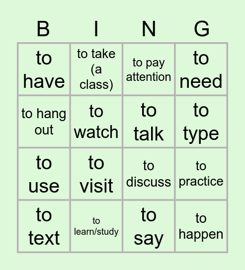 Past Tense Verbs Prep (Weak) Bingo Card