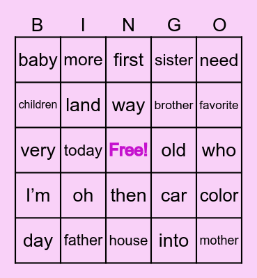 Sight Word Bingo 1 Bingo Card