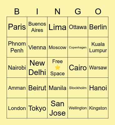 Independent Country Capitals Bingo Card