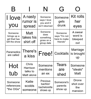 Bachelor Bingo Card