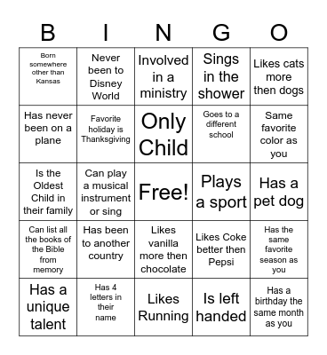 Youth Group Get to Know You Bingo Card