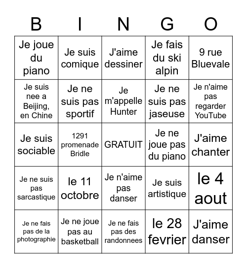 Je me presente Bingo Card