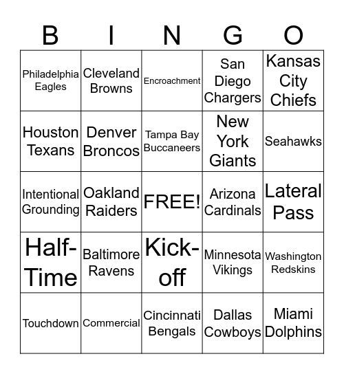 Cowboys/Eagles Football Bingo Card