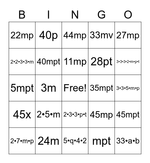 Expressions in Expanded and Standard Form Bingo Card
