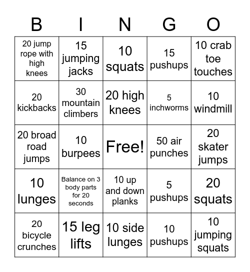 Staying Active Bingo Card