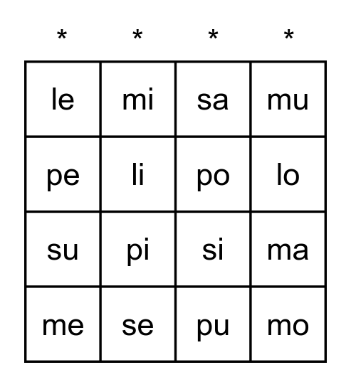Sílabas m,p,s,l Bingo Card