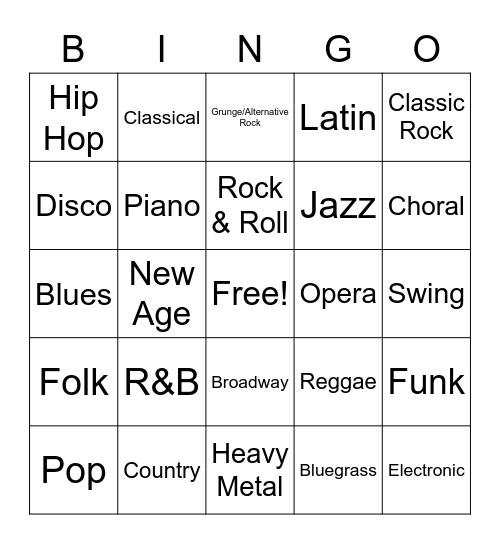 Music Genre Bingo Card