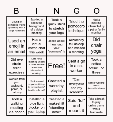 Remote Work Bingo Card