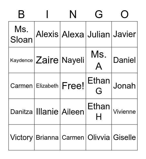 222 First Name Bingo Card