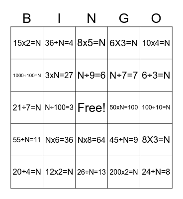 Number Sentence Bingo Card