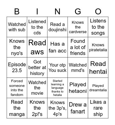 Bingo hetalia Bingo Card