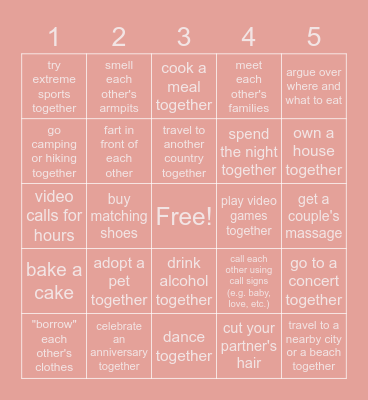 things we've done together Bingo Card