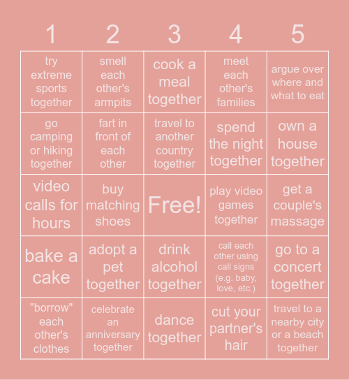 things we've done together Bingo Card