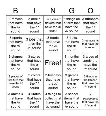 3 things /r/ sound Bingo Card