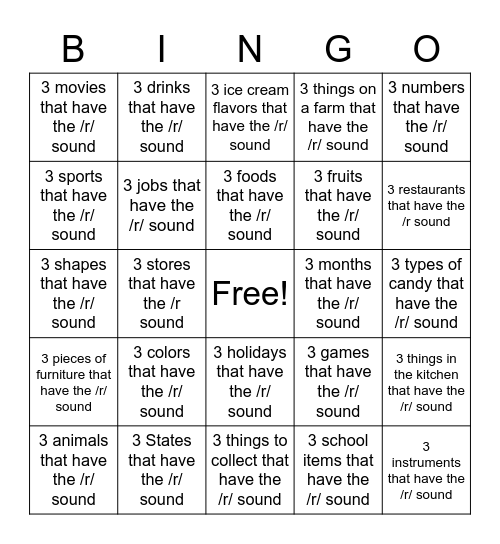 3 things /r/ sound Bingo Card