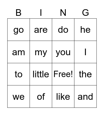 Sight Words Feb. Bingo Card
