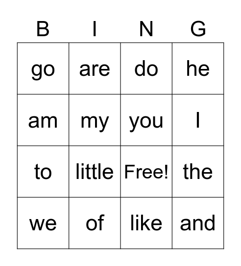 Sight Words Feb. Bingo Card