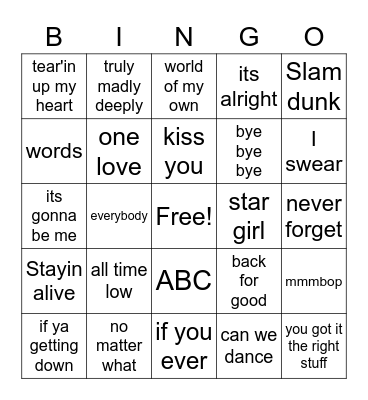Boy Bands Bingo Card