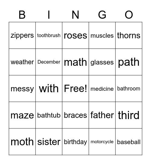 Speech Bingo Card