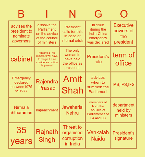 Union Executive Revision Bingo Card