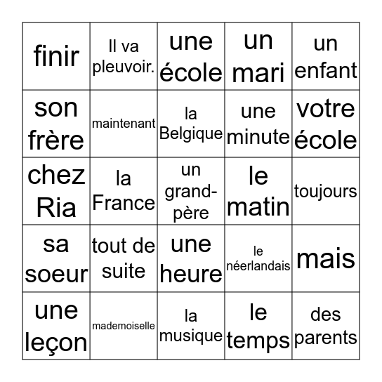 Frans: unité 9 - 12 Bingo Card