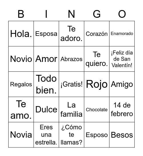 Día de San Valentín Bingo Card