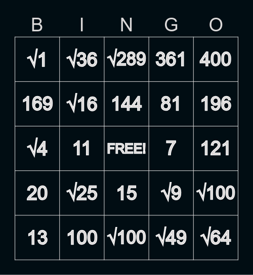 Squares And Square Root Bingo Card