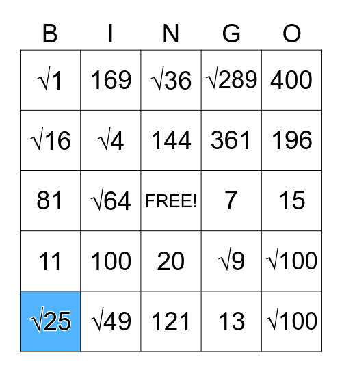 Squares and Square Root Bingo Card