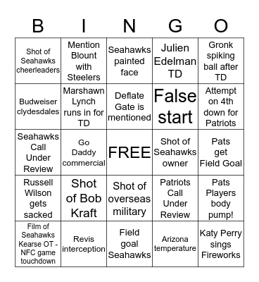 Superbowl Bingo Card