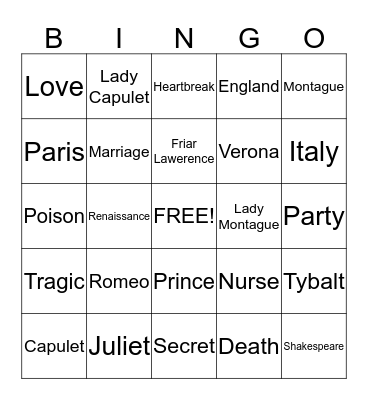 Romeo & Juliet Bingo Card