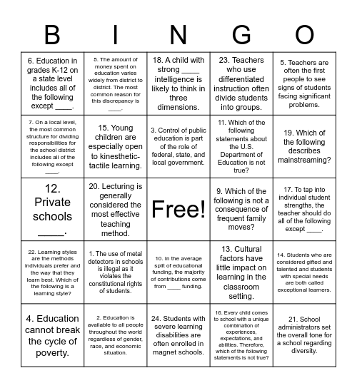 Education Review Bingo Card