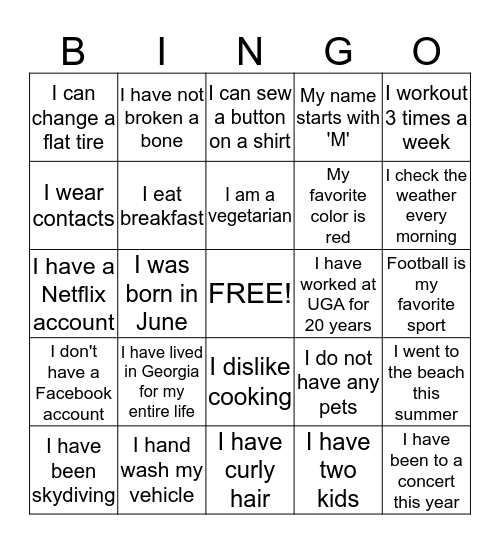 Getting to Know You Bingo  Bingo Card