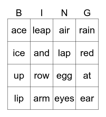 Deletion of Initial Sounds Bingo Card