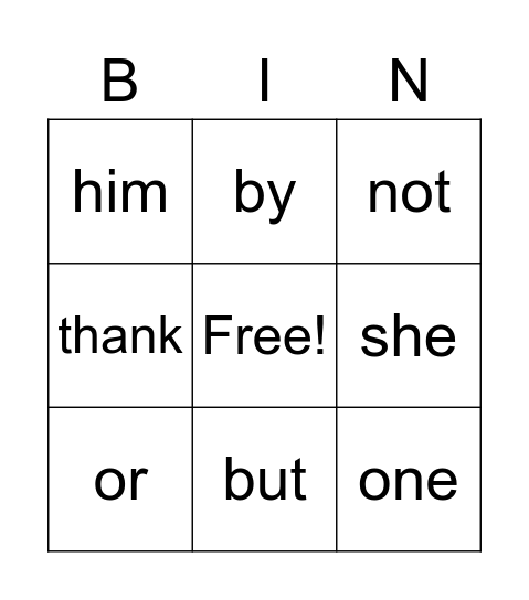 Sight Word Bingo Card