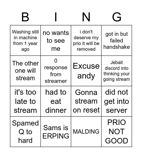 Reasons not to stream Bingo Card